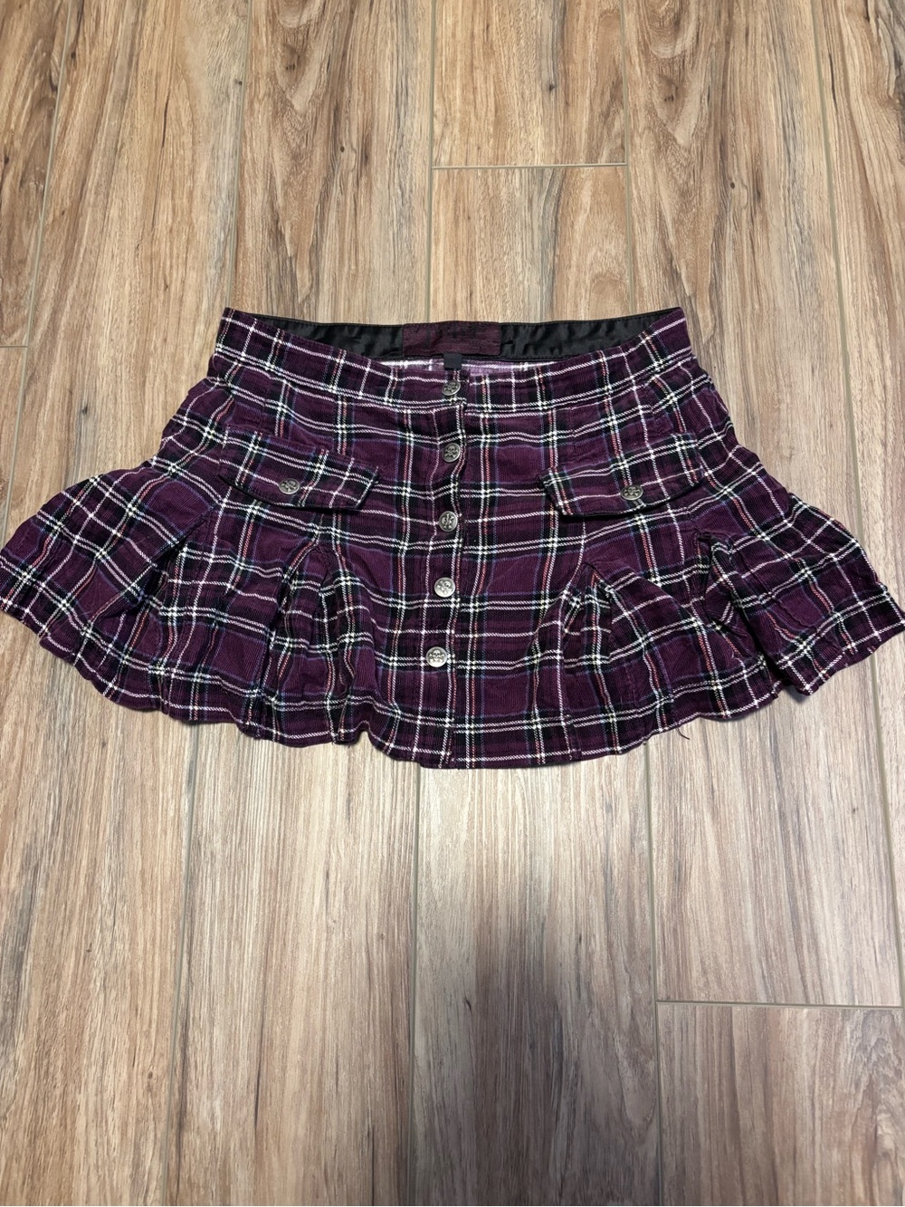 Tripp NYC purple plaid mini skirt with skull button detail size XS